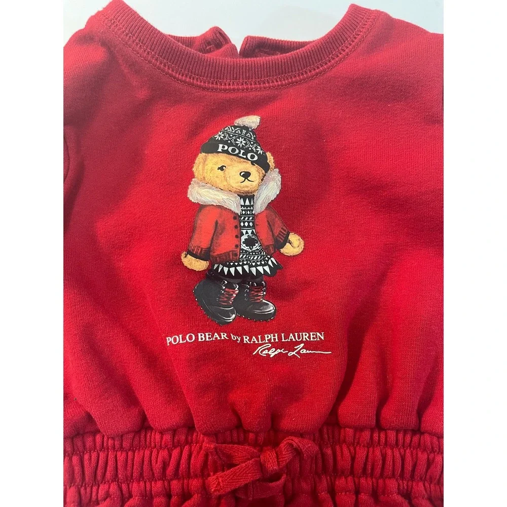 Ralph Lauren Polo Bear Fleece Dress Baby Girl 9M Red Long Sleeve‎ Prep Designer